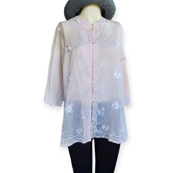 VTG Merlee Crochet Embroideries Floral Traditional Medium Top Blouse Semi-Sheer - Picture 1 of 11